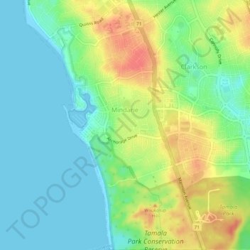 Mapa topográfico Mindarie, altitud, relieve