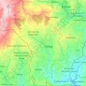 Mapa topográfico Deleg, altitud, relieve