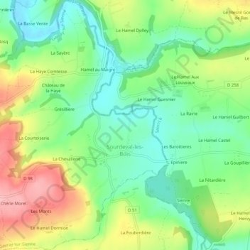 Mapa topográfico Sourdeval-les-Bois, altitud, relieve