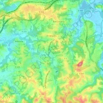 Mapa topográfico Arcangues, altitud, relieve