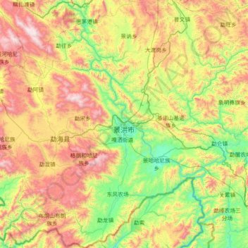 Mapa topográfico 景洪市, altitud, relieve