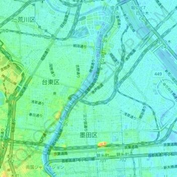Mapa topográfico Sumida, altitud, relieve