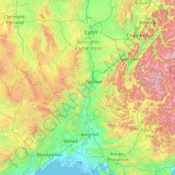 Mapa topográfico Rhone, altitud, relieve