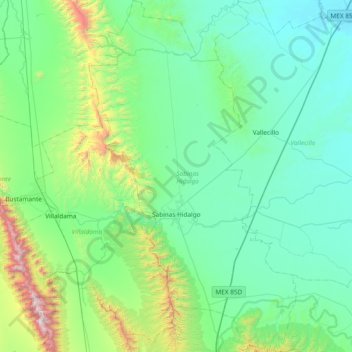 Mapa topográfico Sabinas Hidalgo, altitud, relieve
