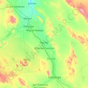 Mapa topográfico Saucillo, altitud, relieve