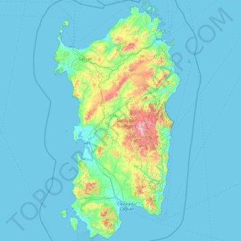 Mapa topográfico Sardinien, altitud, relieve