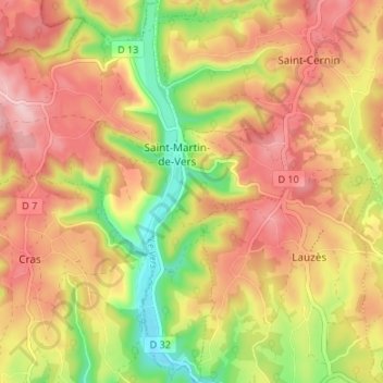 Mapa topográfico Saint-Martin-de-Vers, altitud, relieve