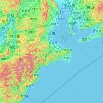 Mapa topográfico Prefectura de Mie, altitud, relieve