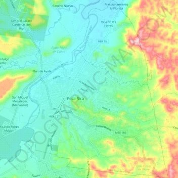 Mapa topográfico Poza Rica de Hidalgo, altitud, relieve