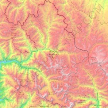Mapa topográfico Gangotri National Park, altitud, relieve