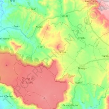 Mapa topográfico Genoni, altitud, relieve