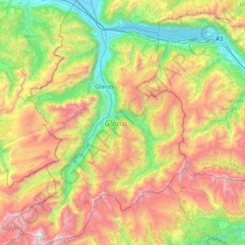Mapa topográfico Glarona, altitud, relieve