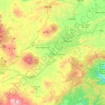 Mapa topográfico Morelia, altitud, relieve