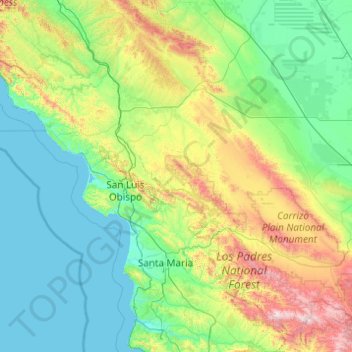 Mapa topográfico Condado de San Luis Obispo, altitud, relieve