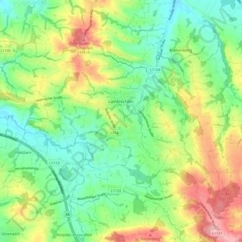 Mapa topográfico Lambrechten, altitud, relieve