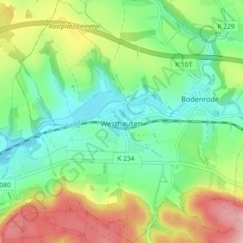 Mapa topográfico Westhausen, altitud, relieve