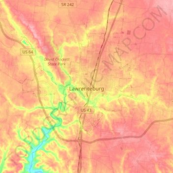 Mapa topográfico Lawrenceburg, altitud, relieve