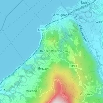 Mapa topográfico Brezzo di Bedero, altitud, relieve