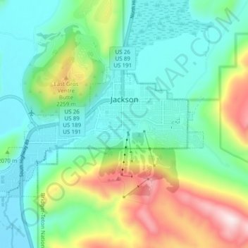 Mapa topográfico Jackson, altitud, relieve