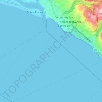 Mapa topográfico Corona del Mar, altitud, relieve