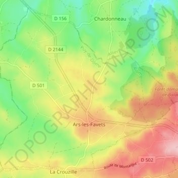 Mapa topográfico Ars-les-Favets, altitud, relieve
