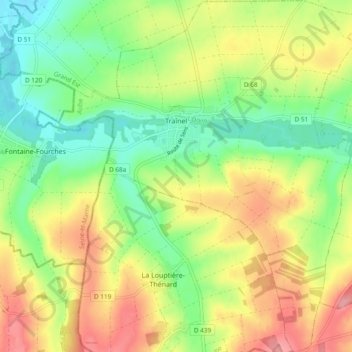 Mapa topográfico Traînel, altitud, relieve