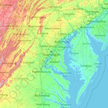 Mapa topográfico Maryland, altitud, relieve