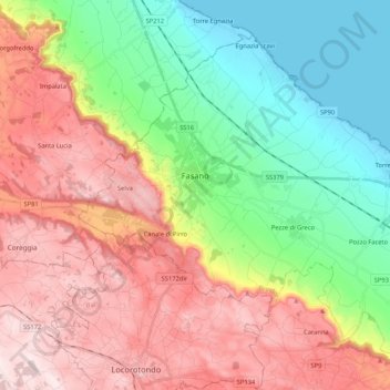 Mapa topográfico Fasano, altitud, relieve