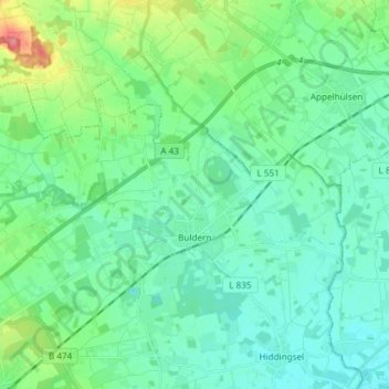 Mapa topográfico Buldern, altitud, relieve