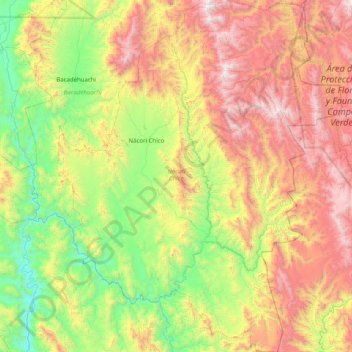 Mapa topográfico Nácori Chico, altitud, relieve