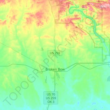 Mapa topográfico Broken Bow, altitud, relieve