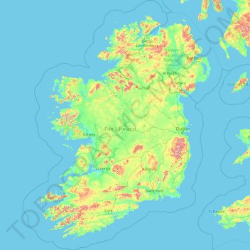 Mapa topográfico Irlande, altitud, relieve