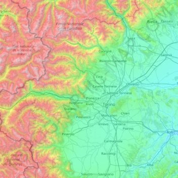 Mapa topográfico Provincia di Torino, altitud, relieve