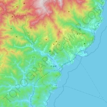 Mapa topográfico 河津町, altitud, relieve