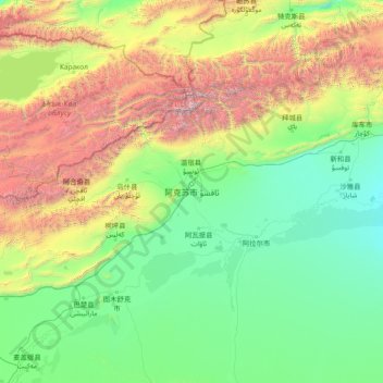 Mapa topográfico ئاقسۇ ۋىلايىتى - 阿克苏地区, altitud, relieve