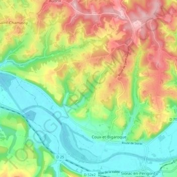 Mapa topográfico Coux-et-Bigaroque, altitud, relieve