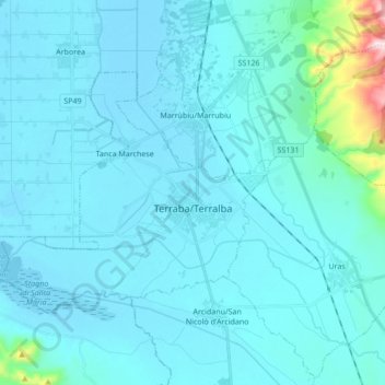 Mapa topográfico Terralba, altitud, relieve