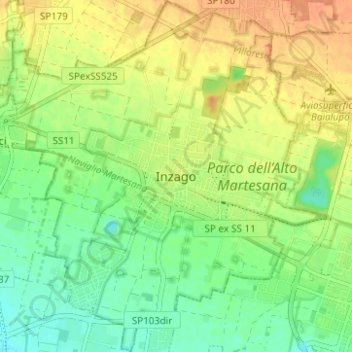 Mapa topográfico Inzago, altitud, relieve