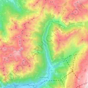 Mapa topográfico Allemond, altitud, relieve