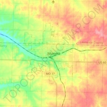 Mapa topográfico Monett, altitud, relieve