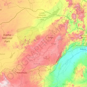 Mapa topográfico Región de Iringa, altitud, relieve
