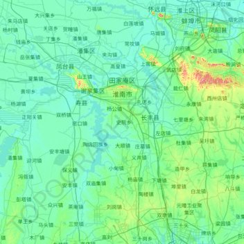 Mapa topográfico 淮南市, altitud, relieve