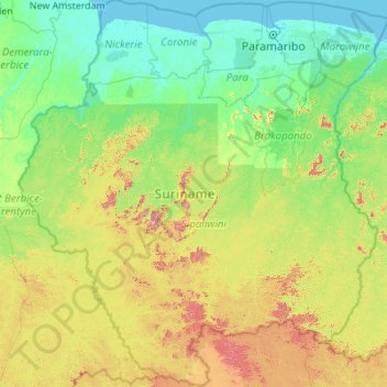 Mapa topográfico Surinam, altitud, relieve