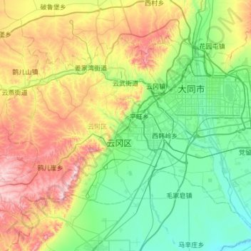 Mapa topográfico 云冈区, altitud, relieve