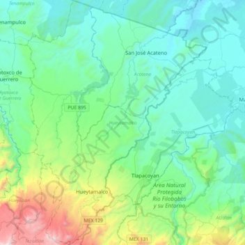Mapa topográfico Hueytamalco, altitud, relieve