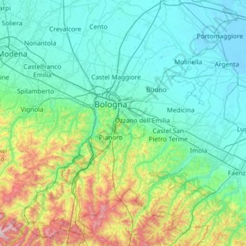 Mapa topográfico Bologna, altitud, relieve
