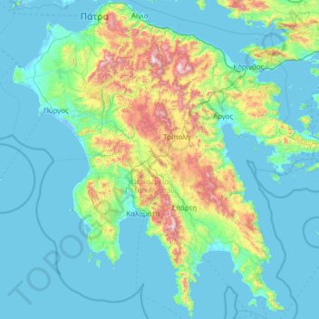 Mapa topográfico Peloponeso, altitud, relieve