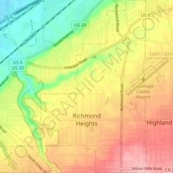 Mapa topográfico Richmond Heights, altitud, relieve