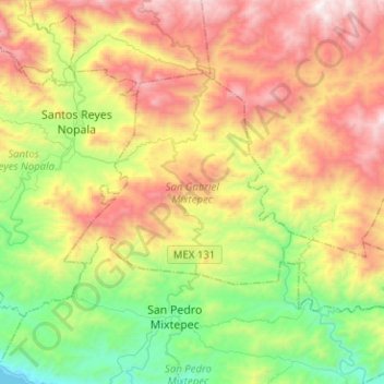 Mapa topográfico San Gabriel Mixtepec, altitud, relieve