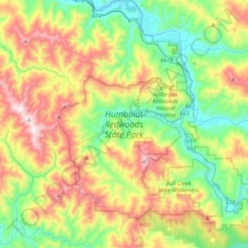 Mapa topográfico Humboldt Redwoods State Park, altitud, relieve